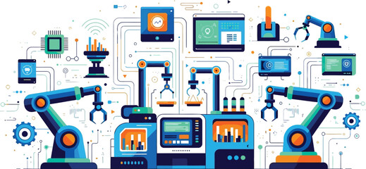 Illustration of a robotic assembly line with screens and robotic arms on a white background