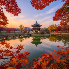 Obraz premium Autumn at Gyeongbokgung Palace in Seoul South Korea with Vibrant Maple Leaves and Reflections