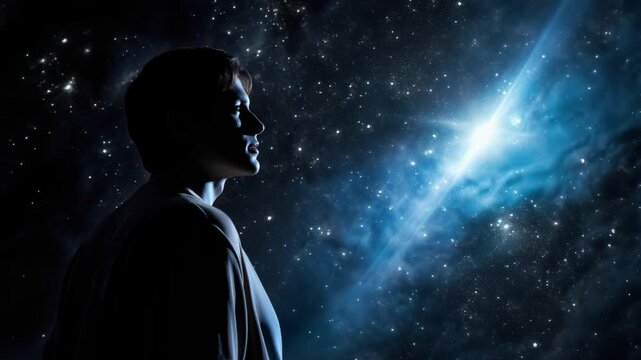 Silhouette of a person gazing at a starry sky with a bright comet. Captured from a low angle, this scene evokes wonder, perfect for a cosmic-themed video. Live desktop wallpaper.