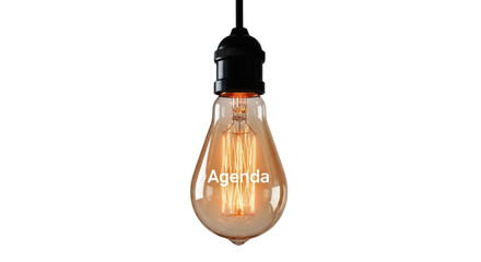 Isolated retro-style light bulb with a vintage design filament and the word Agenda on glass