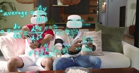 Formulas appearing starting two VR gamers shifting controllers and solving equations together - Powered by Adobe