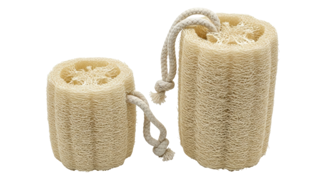 Isolated Loofah sponges with string for bath and shower, natural fiber exfoliators