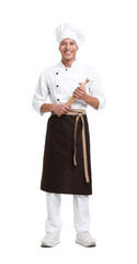 Professional chef in uniform with rolling pin on white background