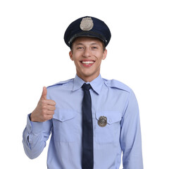 Portrait of policeman in uniform showing thumbs up isolated on white