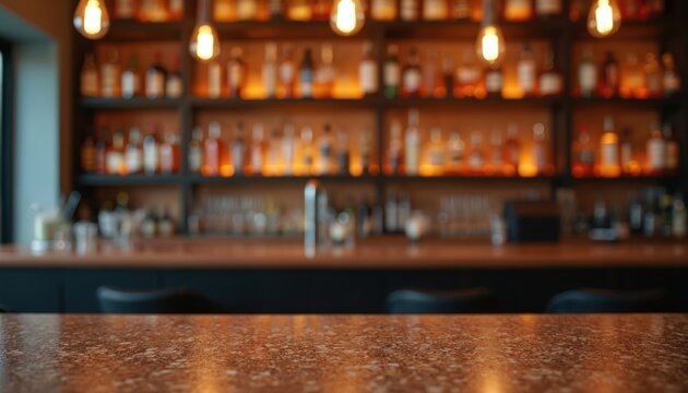 Empty bar counter top surface with blurred shelves of alcohol bottles in background. Dim lighting from hanging bulbs sets cozy mood. Modern pub interior scene ready for drinks.