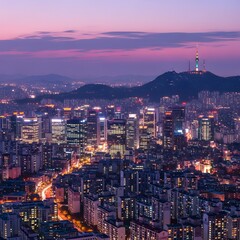 Obraz premium Seoul Skyline at Dusk with Namsan Tower and City Lights Shining Brightly