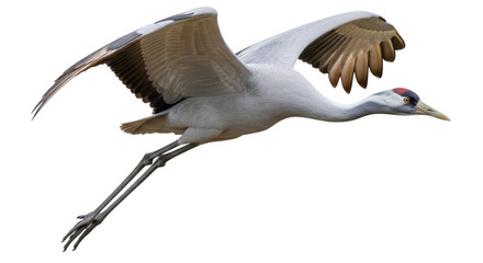 Isolated Demoiselle Crane in flight, elegant Grey bird with wide spread wings, in nature