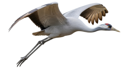 Isolated Demoiselle Crane in flight, elegant Grey bird with wide spread wings, in nature