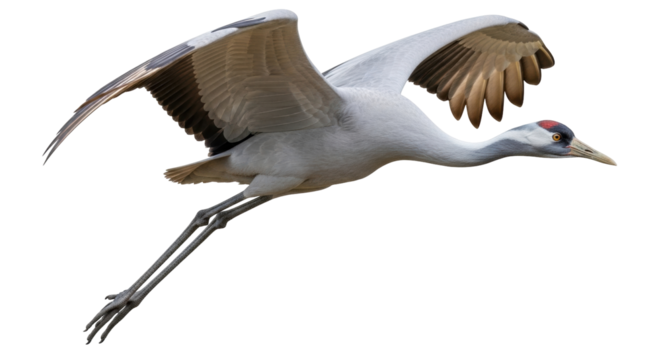 Isolated Demoiselle Crane in flight, elegant Grey bird with wide spread wings, in nature