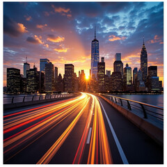 Fototapeta premium bridge, fast movement, speed, rush hour, evening city, sunset sky, twilight,