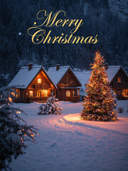 Warm Holiday Lights on a Log Home in a Snowy Mountain Village
