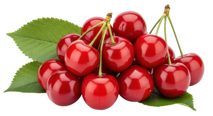 Isolated pile of fresh sweet cherries fruit with green leaves for desserts and snacks