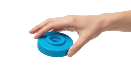 Isolated toy disc with human hand, blue round part held in hand, studio shot, nobody