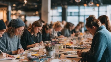 Diverse group people engaged in contemporary painting workshop, sharing ideas, creativity in stylish, sunlit studio, highlighting teamwork, artistic growth, vibrant community atmosphere