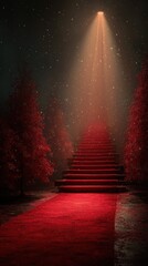 Stunning red carpet staircase illuminated by a spotlight in a serene, dark forest during a mystical night