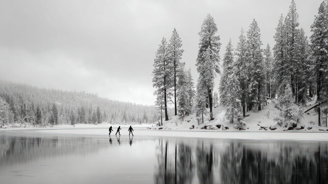 Skaters glide across a serene, frozen lake, preparing for the Winter Olympics in a snowy landscape. - Powered by Adobe