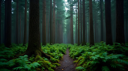 Obraz premium A path through a dense forest with tall trees and ferns