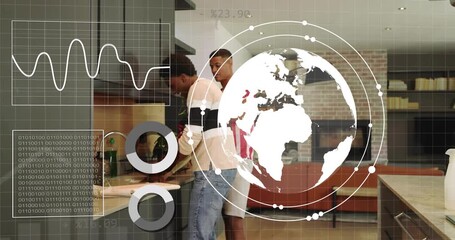 Globe fading over two men prepping meal at sink displaying chart for cooking tech visualization - Powered by Adobe