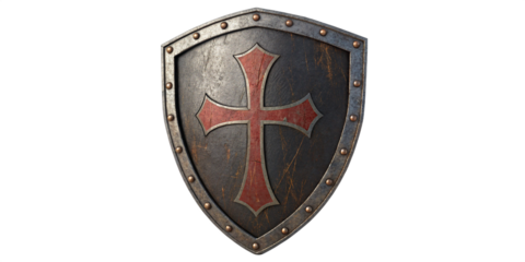 Medieval Knight’s Battle Shield with Red Cross on Transparent Background
Weathered Crusader Shield of Dark Steel with Chivalric Cross Emblem