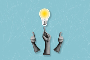 Art collage on the theme of inspiration and creative idea. Successful innovation ideas and inspiration ideas. Burning light bulb on a pink background	