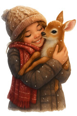 Happy child hugging baby deer in winter clothes, snow falling, Christmas  isolated