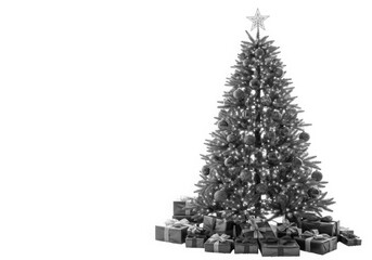 Beautifully decorated christmas tree with gifts ready for holiday celebrations isolated on white background