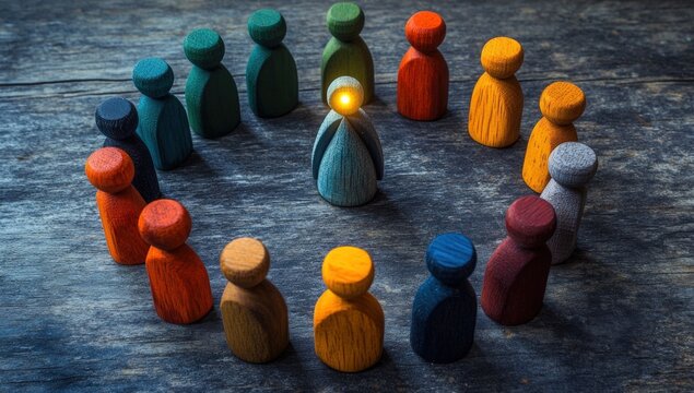 Wooden figures in a circle, one glowing, suggesting leadership and unity on a weathered surface