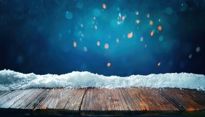 winter snow background with wooden table surface under falling snowflakes and glowing bokeh lights in dark blue night sky perfect for festive wallpaper banner or seasonal commercial design