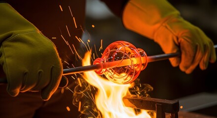 Close up of glassblowing process with molten glass on a rod and sparks flying with gloved hands
