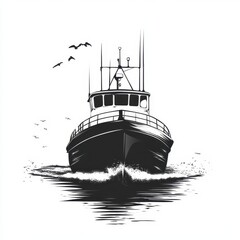 Fishing boat navigating through calm waters with birds flying overhead during bright daylight hours