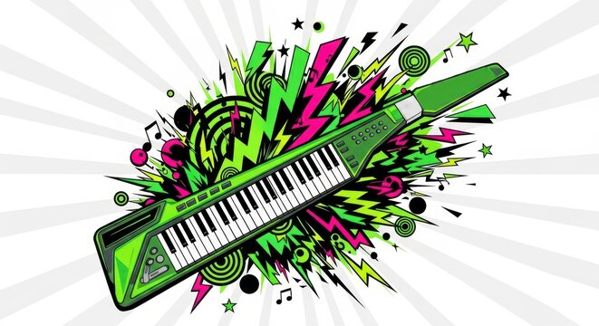 dynamic pop art graphic of neon green keytar exploding with musical notes and geometric shapes. high-energy illustration in pink and black. music concept. poster, flyer, banner.