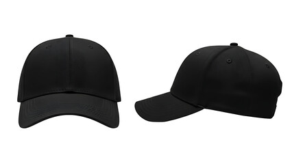 Black baseball cap mock up template front and side view for branding and design presentation mockup on transparent background