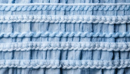 soft textured blue cable knit fabric with intricate braided patterns and layered yarn details in horizontal rows creating a cozy tactile surface ideal for modern banner design or winter editorial 