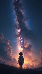 Fototapeta premium Child gazes at night sky full of stars and milky way. Silhouette of kid stands on hill, looks at cosmos exploration. Dreamy scene of future astronaut, hope. Outer space view.