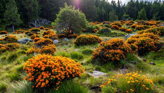 Vibrant Orange Flowers in Mountain Meadow Landscape.