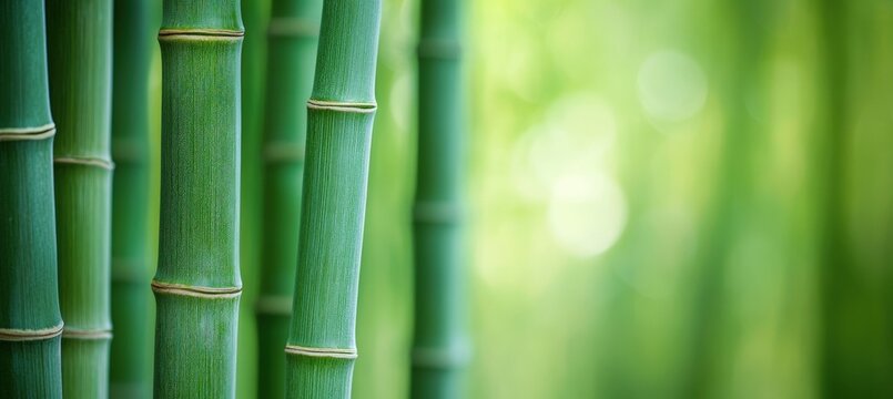 Close-up of vibrant green bamboo stalks, with a blurred, light-filled background of other plants