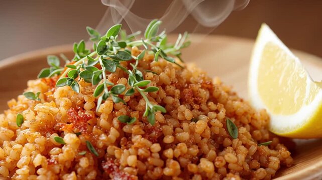 Steaming Bulgur Wheat Delight: A tantalizing close-up of a plate of freshly cooked bulgur wheat, expertly garnished with fresh herbs, a slice of lemon.