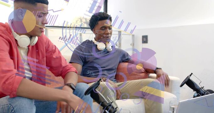 Two content creators pressing gaming wheel button and discussing strategies with animated charts