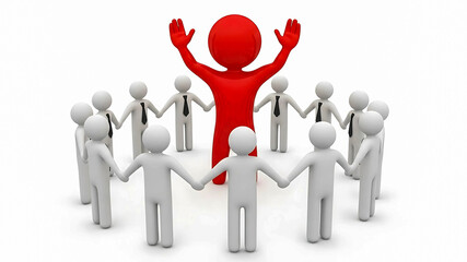 Unity and Leadership: Red 3D Figure Leading a Circle of White Connected People