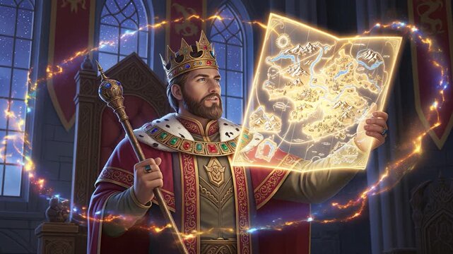 King with Crown Holds Glowing Map in Throne Room with Magical Effects