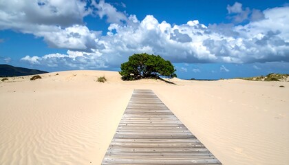 Wooden walkway leading across a sandy dune to a solitary tree under a blue sky.