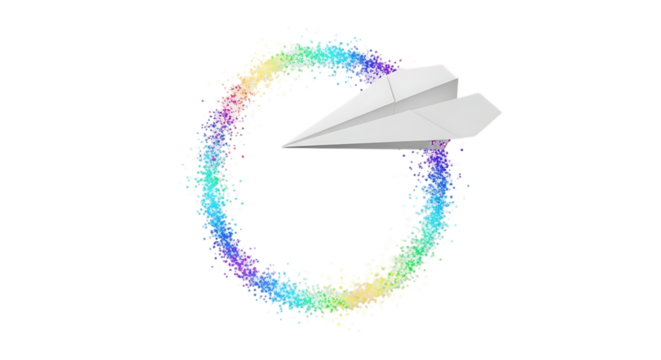 Paper airplane flying through a rainbow circle travel and flight concept stock illustration design element