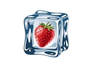 Ripe red strawberry fruit frozen inside a glossy, melting ice cube, representing freshness and coldness isolated on transparent background.