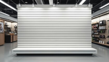 Modern retail store interior with slatted display wall unit and shelf. Clean white panel for product presentation or merchandise merchandising. Versatile commercial space.