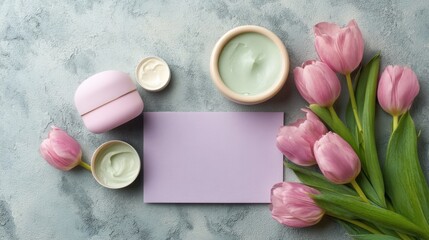 Soft Pink Tulips and Cream Containers on Grey Background for Skincare and Beauty Themes