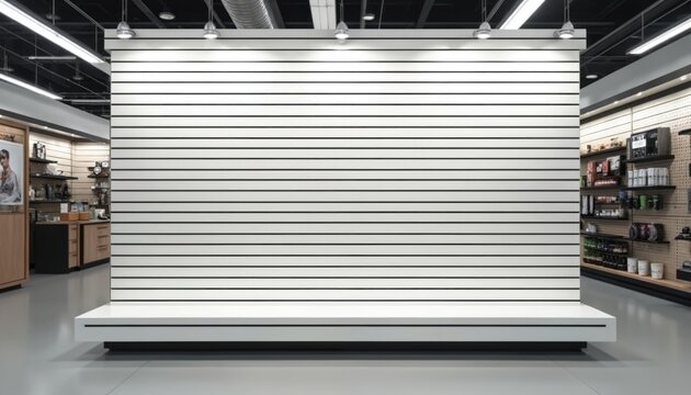 Modern retail store interior with slatted display wall unit and shelf. Clean white panel for product presentation or merchandise merchandising. Versatile commercial space.