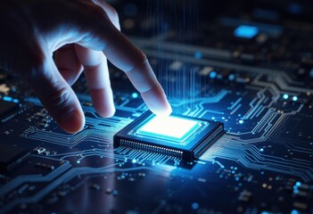 Hands hover over a glowing microchip on a circuit board