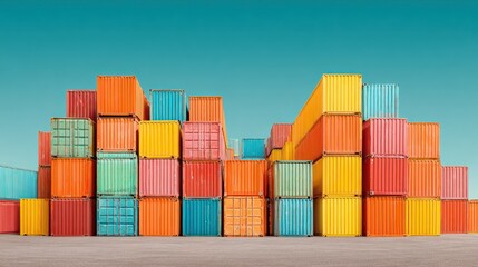 Colorful shipping containers stacked high against a turquoise background