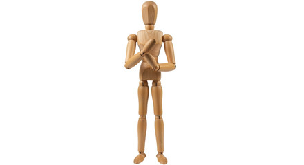 Isolated artist's wooden manikin posing, human body anatomy study, jointed figure, model