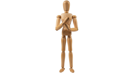 Isolated artist's wooden manikin posing, human body anatomy study, jointed figure, model